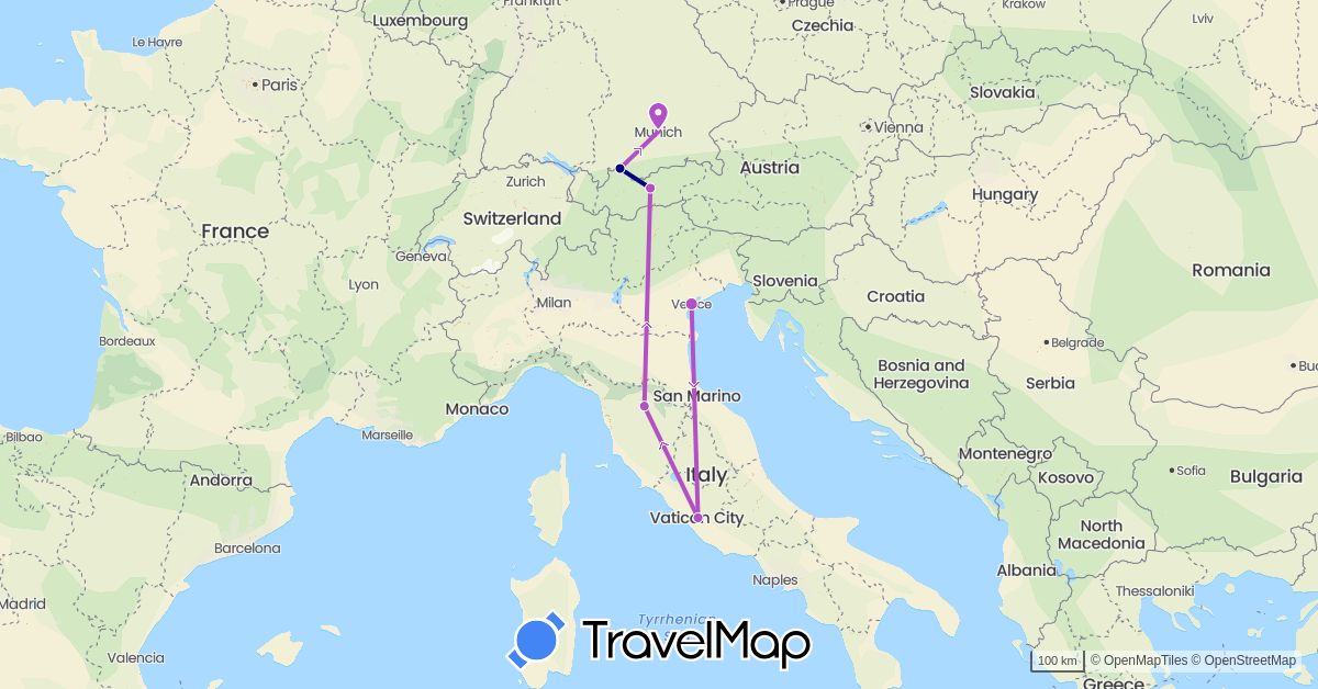 TravelMap itinerary: driving, train in Austria, Germany, Italy (Europe)